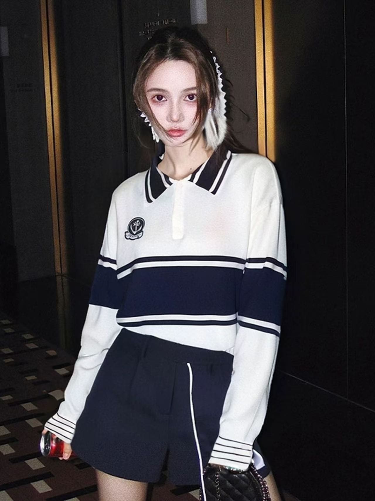 이른 가을 한 부서 분위기 센스 착용 가져 가라. 느긋한 고급 센스 인사이드 가져 가라. 기본 셔츠 해군 스타일 파란색 스트라이프 니트 스웨터 여성 상세 이미지 2