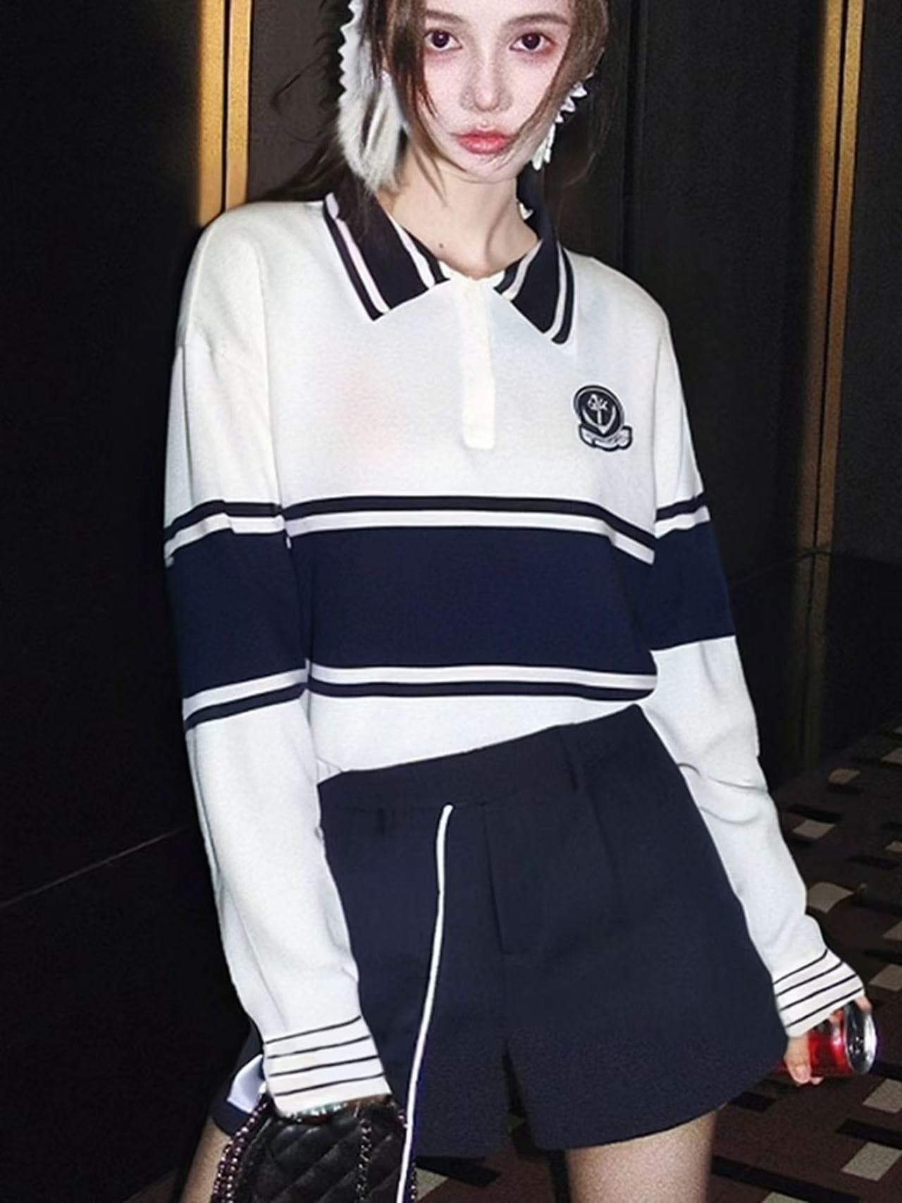 이른 가을 한 부서 분위기 센스 착용 가져 가라. 느긋한 고급 센스 인사이드 가져 가라. 기본 셔츠 해군 스타일 파란색 스트라이프 니트 스웨터 여성 상세 이미지 4