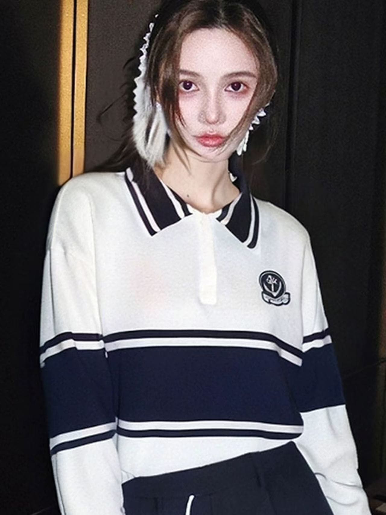 이른 가을 한 부서 분위기 센스 착용 가져 가라. 느긋한 고급 센스 인사이드 가져 가라. 기본 셔츠 해군 스타일 파란색 스트라이프 니트 스웨터 여성 상세 이미지 5