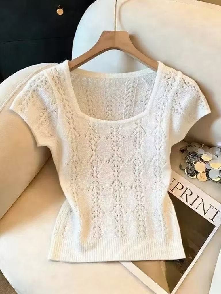 디자인 센스 광장 칼라 홀로우 아웃 얼음 실크 니트 반팔 여성 여름 부드러운 바람 슬림해 보이는 다용도 쇼트 스타일 프랑스식 달콤함 맨위 상세 이미지 4