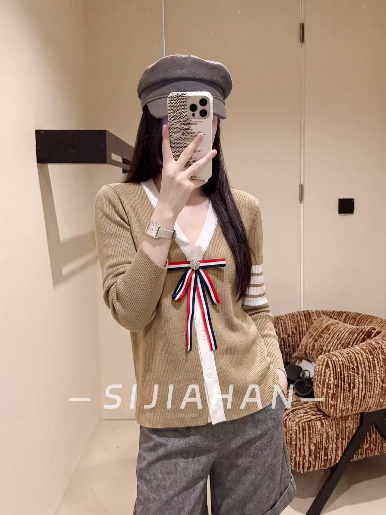 생각하기 지아 한 학원 스타일 V넥 배색 측면 나비 매듭 니트 오픈 가디건 여성 여름 몸매 가꾸기 슬림해 보이는 스웨터 맨위 이미지 4