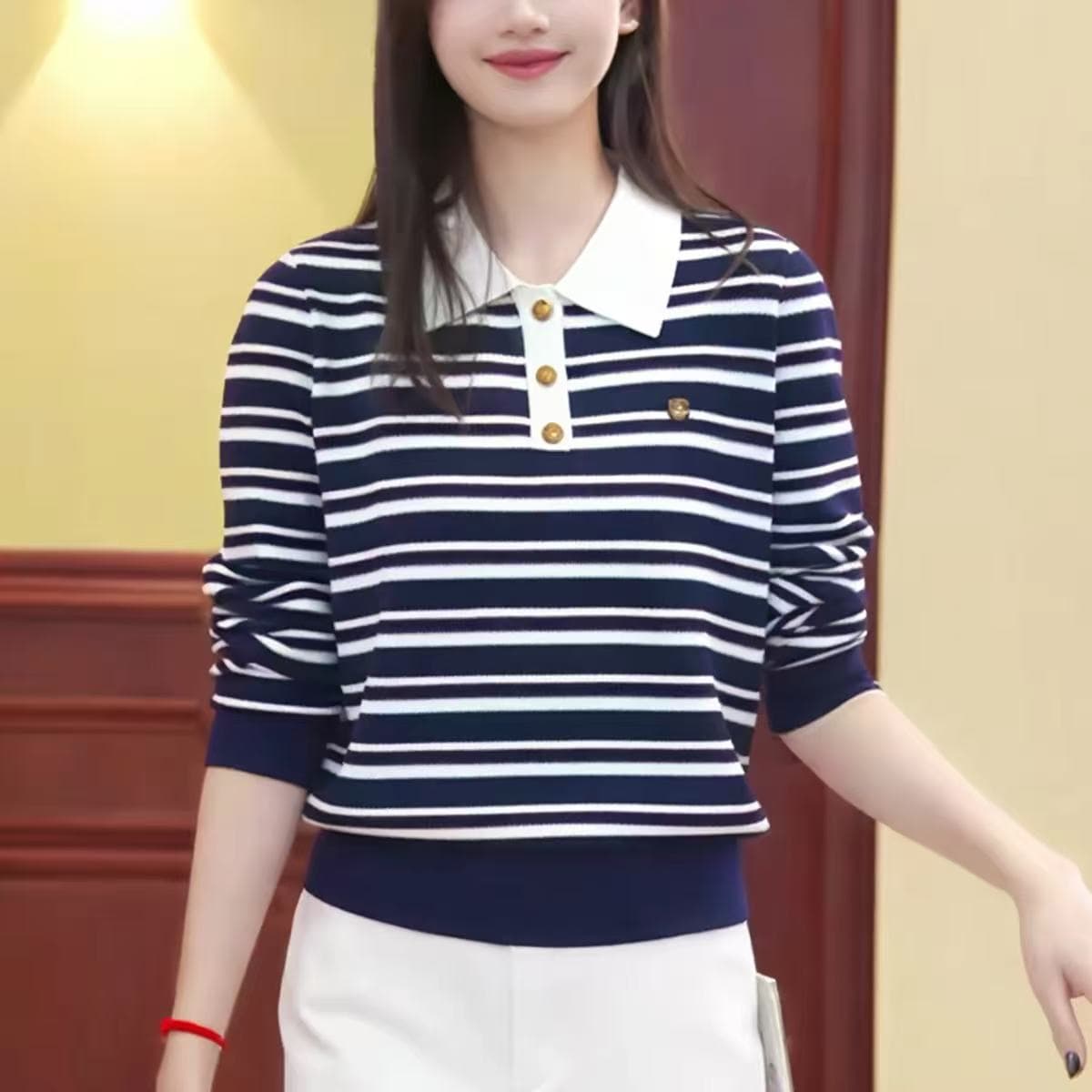 2026 가을 새로운 패션 여성 한국 스타일 디자인 센스 스트라이프 POLO 칼라 스트라이프 긴팔 니트 스웨터 맨위 상세 이미지 4