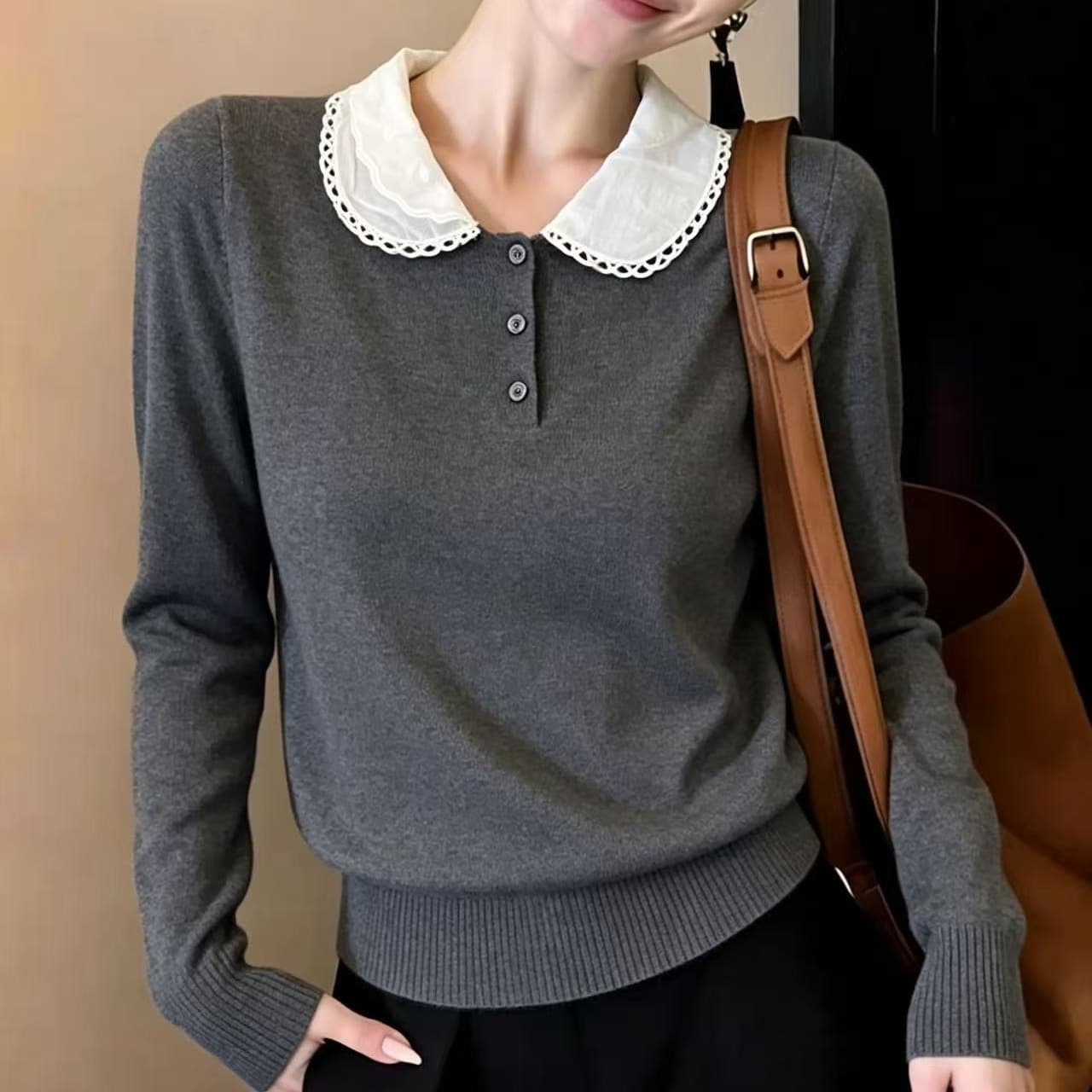 femalepilot 학원 스타일 배색 베이비 칼라 긴팔 니트 스웨터 디자인 센스 캐주얼 연령 감소 다용도 맨위 이미지 5