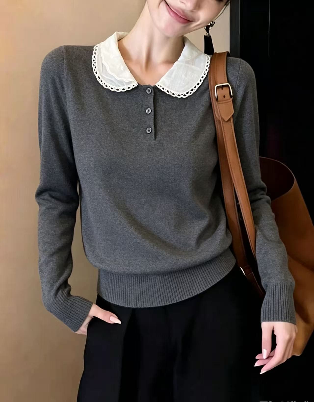 femalepilot 학원 스타일 배색 베이비 칼라 긴팔 니트 스웨터 디자인 센스 캐주얼 연령 감소 다용도 맨위 상세 이미지 4