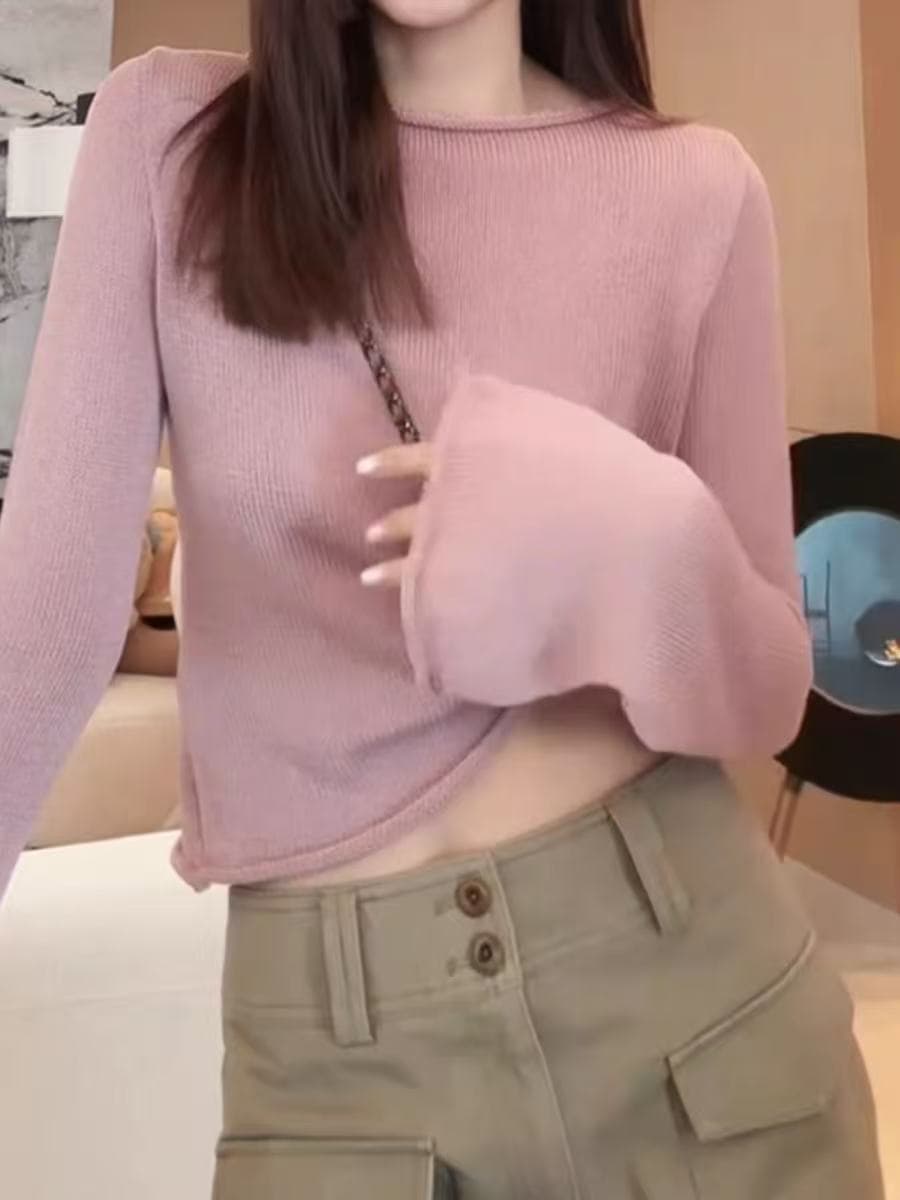 이른 가을 새로운 2026 긴팔 미니멀리즘 센스 디스플레이 화이트 달콤한 미적 감각 루즈핏 캐주얼 한 부서 라운드 넥 핑크색 니트 털 셔츠 상세 이미지 2