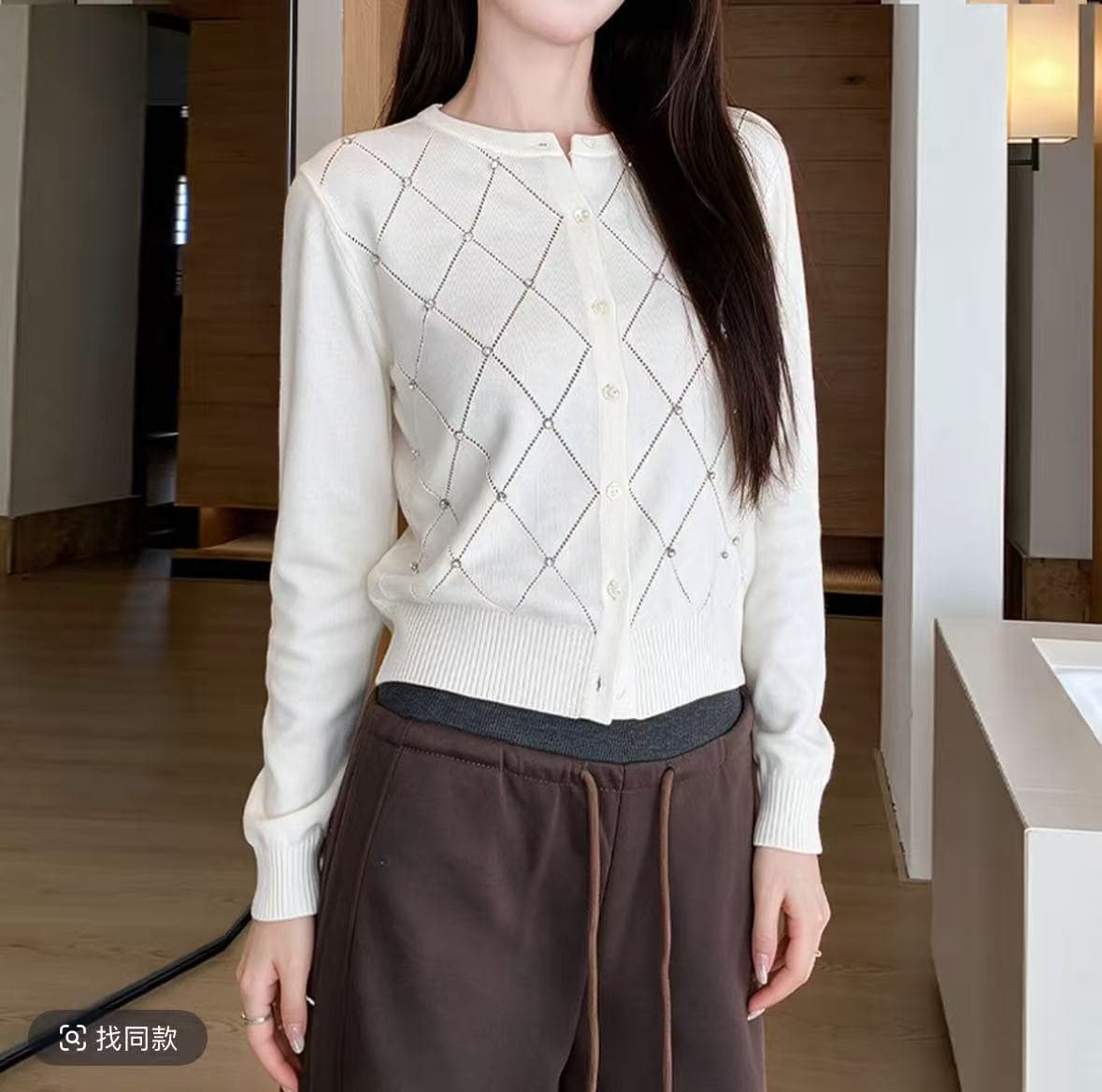 원본 이순신 한국 여성 의류 fifteen-26 년 가을 켜기 새로운 미니멀리즘 라운드 넥 홀로우 아웃 캐주얼 니트 오픈 가디건 상세 이미지 4
