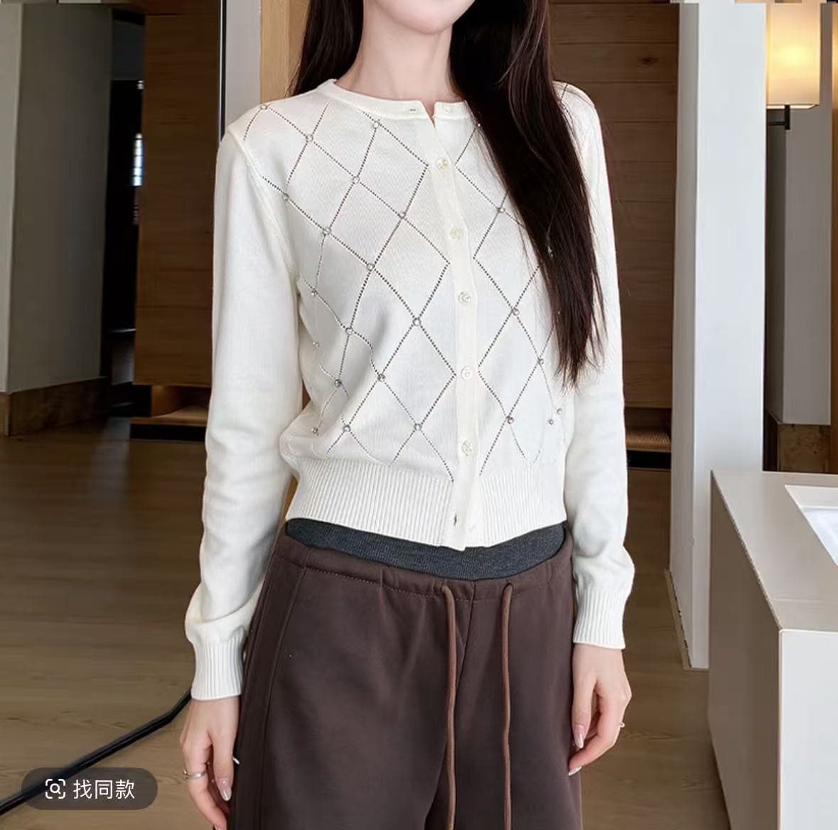 원본 이순신 한국 여성 의류 fifteen-26 년 가을 켜기 새로운 미니멀리즘 라운드 넥 홀로우 아웃 캐주얼 니트 오픈 가디건 상세 이미지 5