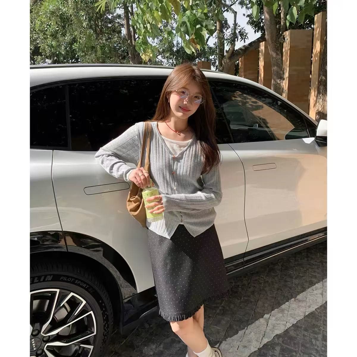 sisilyon 안개 가을 빛 머리말 부드러운 부서 호박색 구슬 버클 페이크 레이어드 니트 스웨터 여성 부드러운 센스 Chic 맨위 상세 이미지 5
