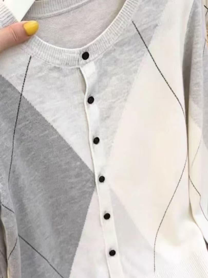 패션 링 체크무늬 배색 라운드 넥 싱글 줄 버튼 긴팔 니트 오픈 가디건 여성 빅 사이즈 가을 새로운 루즈핏 맨위 이미지 3
