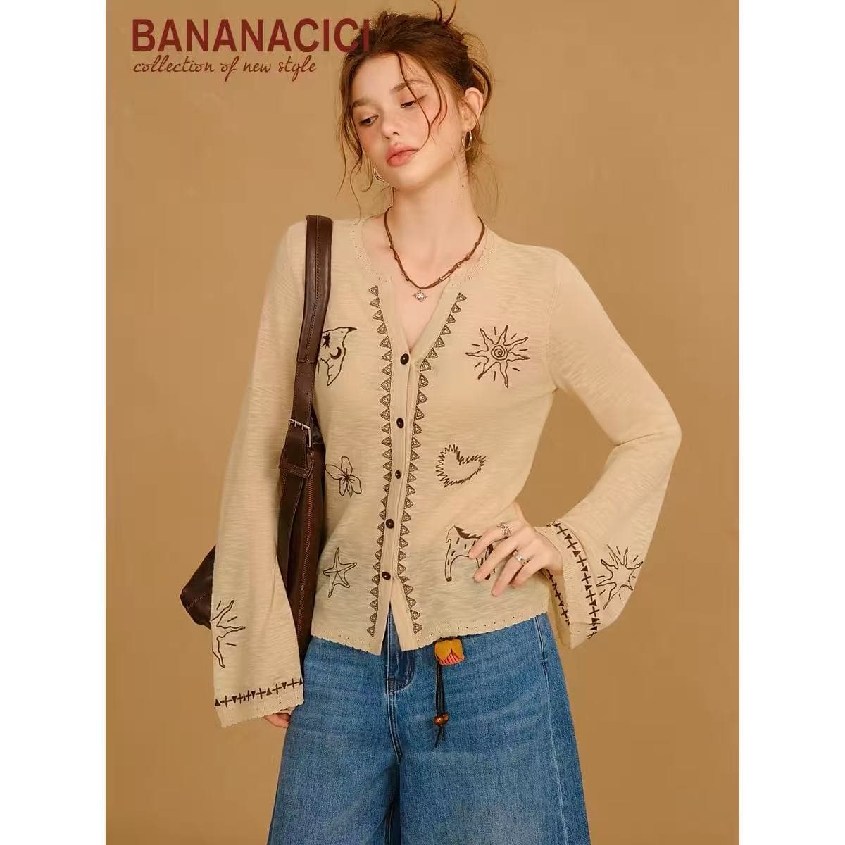banana cici2026 년 여름 새로운 유목민 대나무 마디 마 나팔 소매 니트 오픈 가디건 이미지 5