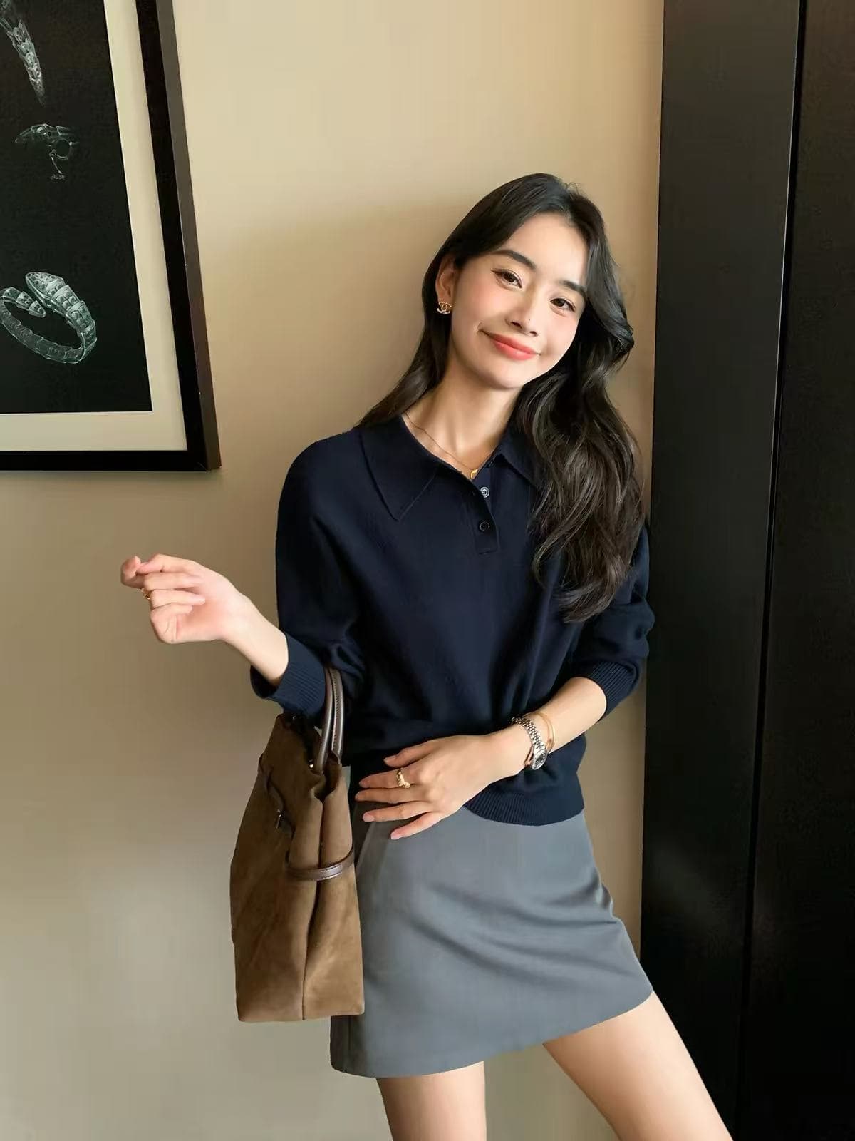 pusumede 느긋한 유전자 POLO 칼라 풀오버 스웨터 여자 봄 가을 루즈핏 느긋한 긴팔 니트 스웨터 맨위 상세 이미지 2
