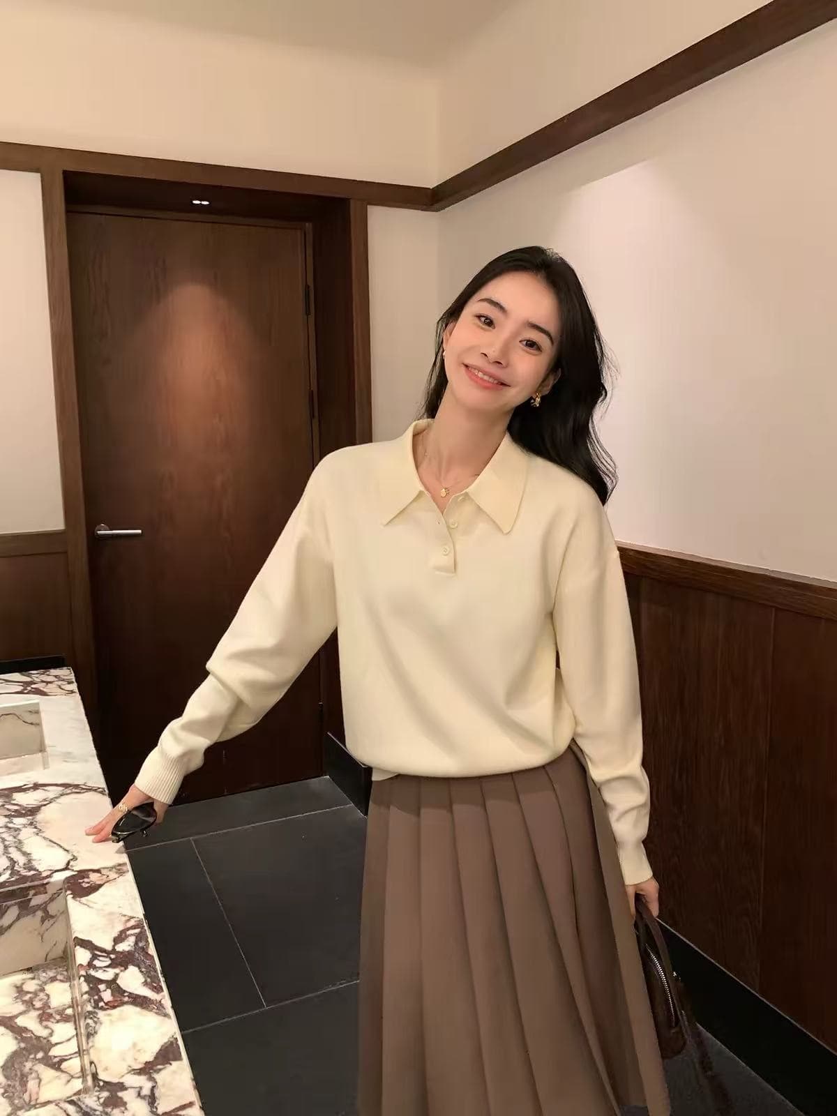 pusumede 느긋한 유전자 POLO 칼라 풀오버 스웨터 여자 봄 가을 루즈핏 느긋한 긴팔 니트 스웨터 맨위 상세 이미지 4