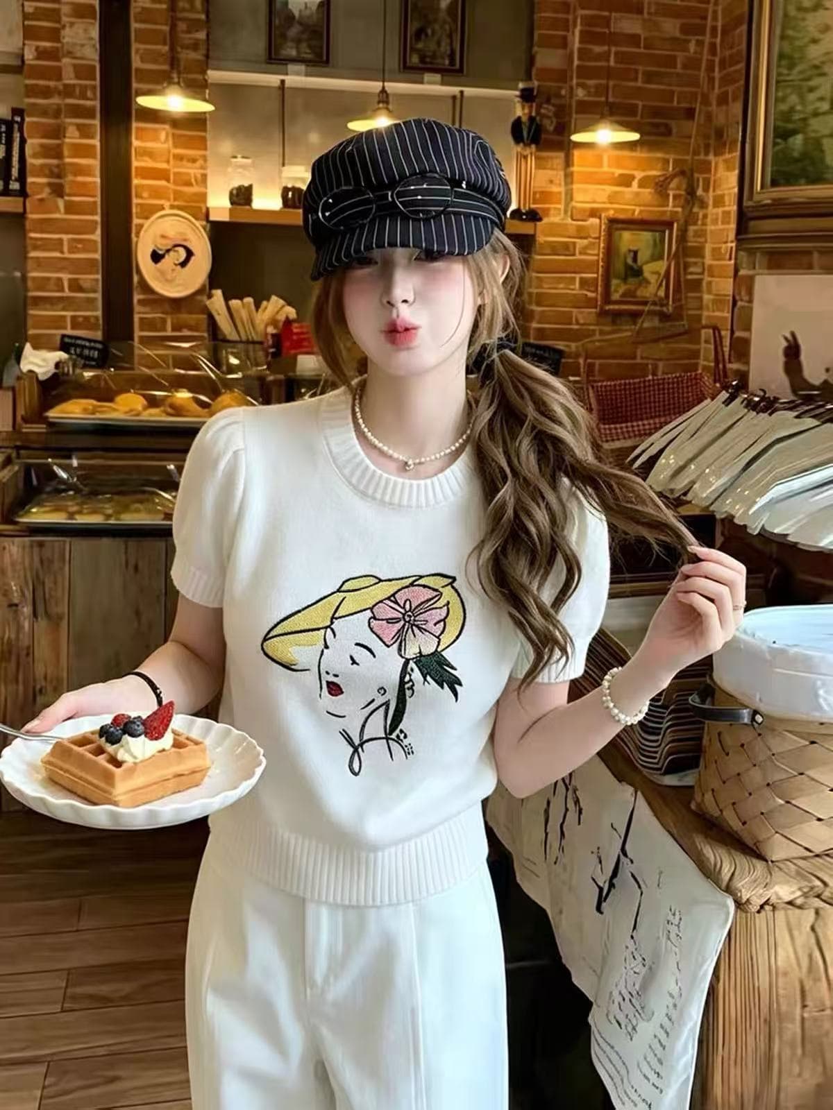 caicaii studio 부드러운 바람 만화 초상화 자수 반팔 니트 스웨터 고급 센스 미니멀리즘 다용도 맨위 상세 이미지 4