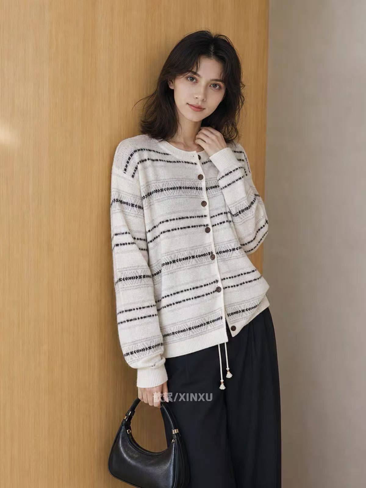 2026 가을 새로운 한 부서 레트로 스트라이프 니트 오픈 가디건 여성 라운드 넥 프릴 느슨함 센스 연령 감소 맨위 상세 이미지 4