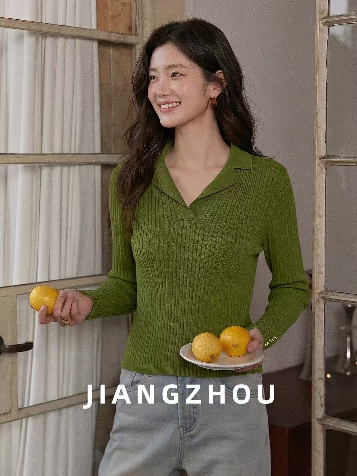 강 대륙 jiangz 가을 외국 가스 세련된 긴팔 니트 스웨터 여성 몸매 가꾸기 슬림해 보이는 다용도 폴로 칼라 만나는 맨위 이미지 3