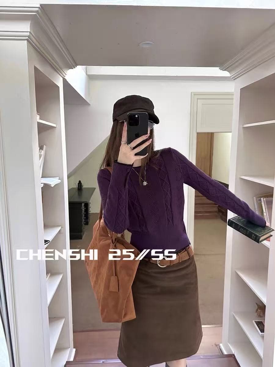 chen shi 우아함 너처럼 A 난초 짜다 라운드 넥 패치워크 색상 니트 스웨터 맨위 밑단 수 있습니다. 트임 스웨터 이미지 2