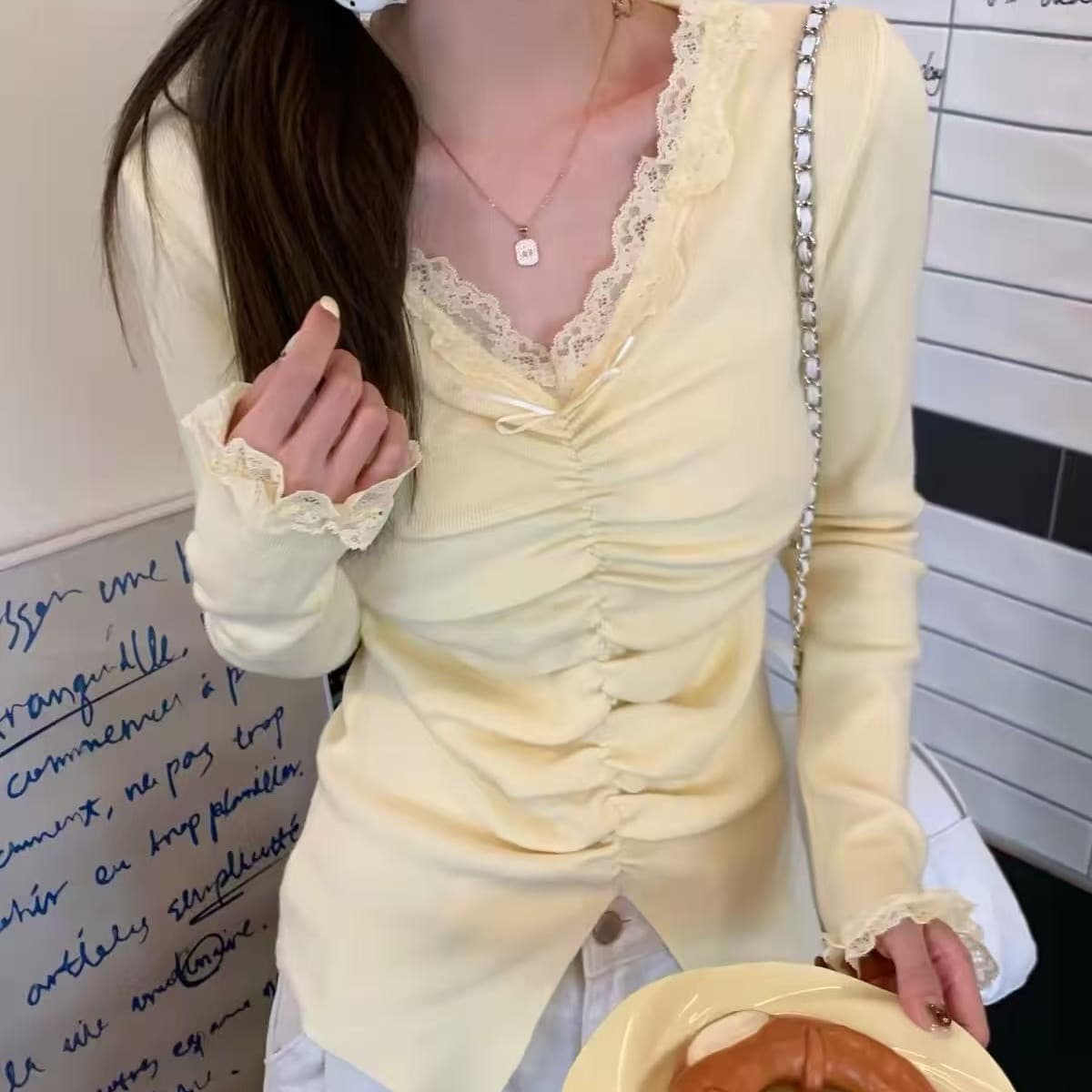 miu 부서 황색 V넥 패치워크 레이스 기본 셔츠 여성 봄 가을 순수한 욕망 주름 트임 스웨터 양모 니트 맨위 이미지 5