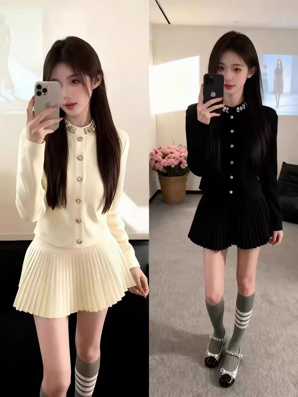 프랑스식 명문 여성 작은 샤넬 스타일 니트 오픈 가디건 스웨터 여성 코트 가을 겨울 품격 맨위 플리츠 반신 스커트 투피스 세트