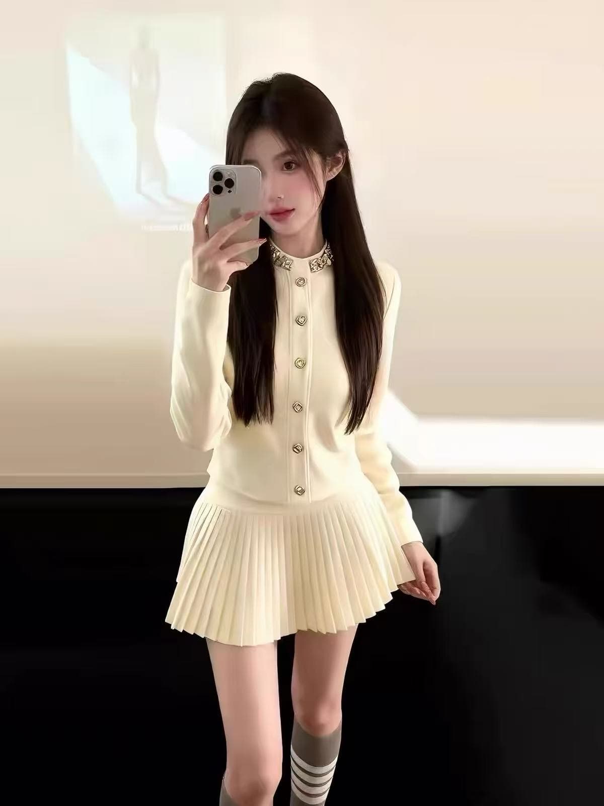 프랑스식 명문 여성 작은 샤넬 스타일 니트 오픈 가디건 스웨터 여성 코트 가을 겨울 품격 맨위 플리츠 반신 스커트 투피스 세트 이미지 2