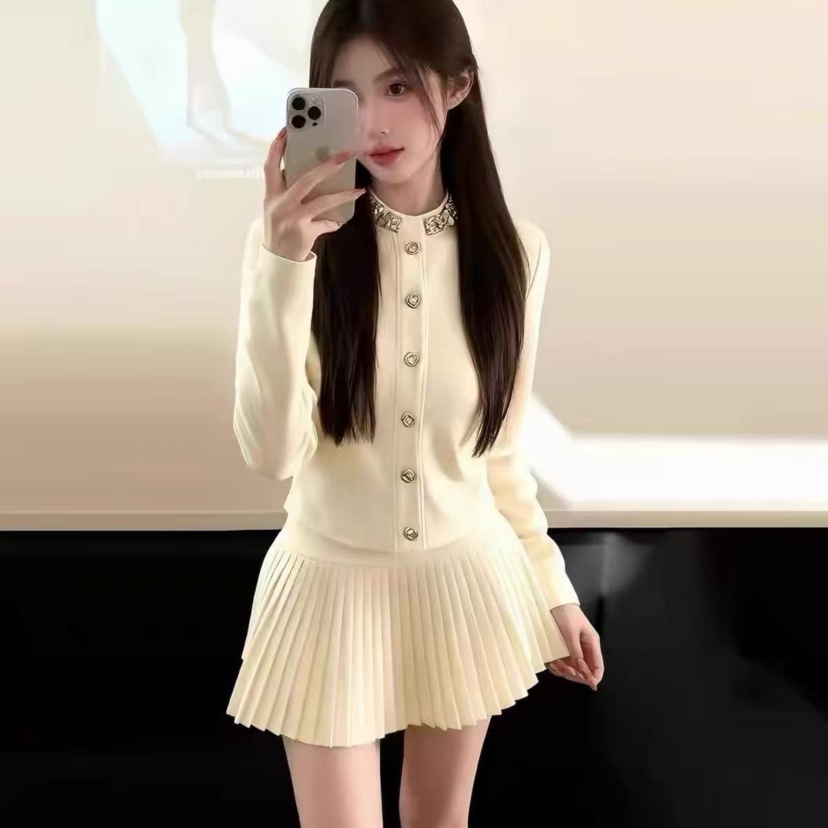 프랑스식 명문 여성 작은 샤넬 스타일 니트 오픈 가디건 스웨터 여성 코트 가을 겨울 품격 맨위 플리츠 반신 스커트 투피스 세트 이미지 5