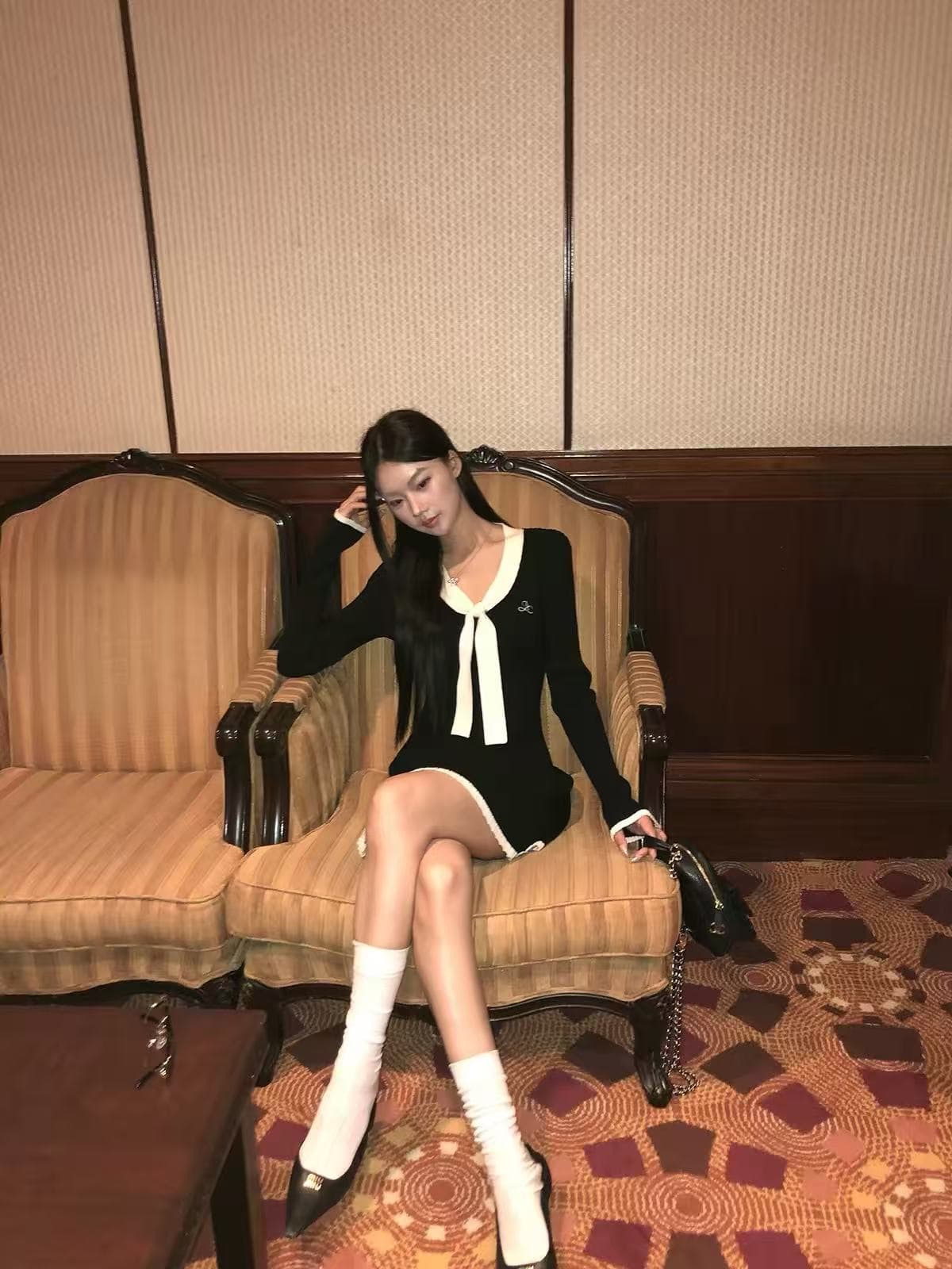 레드 맨 큐레이터 소매 여성 드레스 가을 자이언트 잘 생긴 ~ 중 프랑스식 검정색 관대 한 점잖은 아름다운 페이크 레이어드 치마 상세 이미지 2