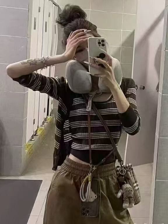 열세 개 한국 동대문 외국 가스 스트라이프 조끼 오픈 가디건 투피스 세트 한 여성 착용 가져 가라. 야오 자매 사설 서비스 슬림해 보이는 상세 이미지 4