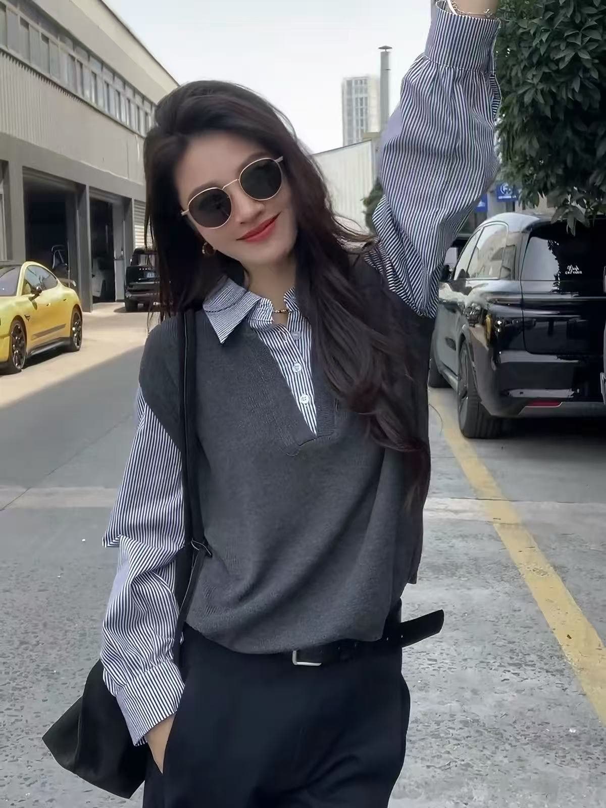 페이크 레이어드 회색 니트 베스트 스택 착용 스트라이프 긴팔 여성 셔츠 가을 고유 한 아름다운 polo 폴로 칼라 맨위 상세 이미지 3