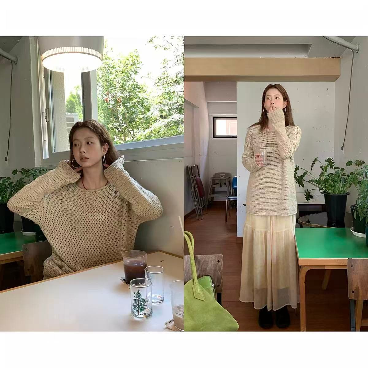 helloooeat 느긋한 바람 홀로우 아웃 모직물 맨위 레트로 가을 여성 출퇴근 다용도 긴팔 스웨터 블라우스