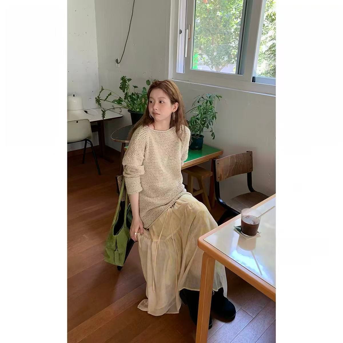 helloooeat 느긋한 바람 홀로우 아웃 모직물 맨위 레트로 가을 여성 출퇴근 다용도 긴팔 스웨터 블라우스 이미지 2