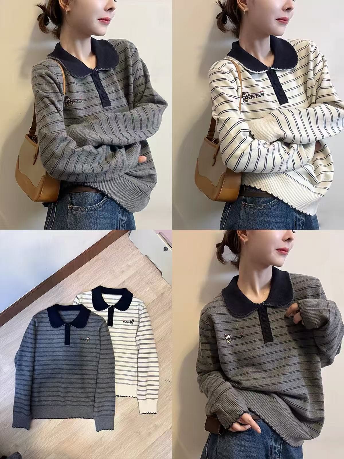 한 부서 POLO 칼라 배색 스트라이프 긴팔 니트 스웨터 여성 가을 루즈핏 느긋한 작은 대중 아니요 명중 섹션 스웨터 맨위 이미지 4