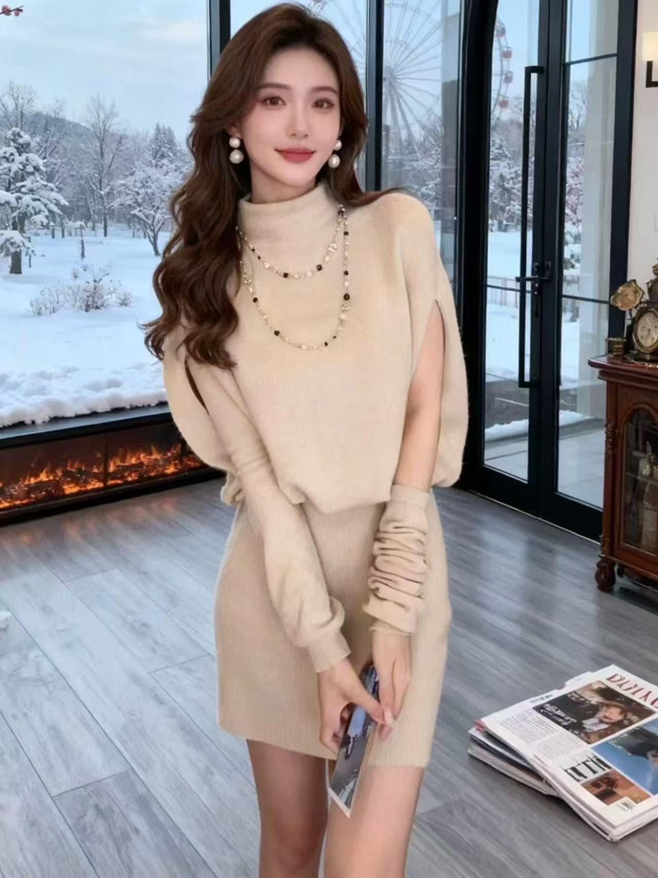 프랑스식 반하이넥 망토 소매 커버 니트 여성 드레스 겨울 새로운 몸매 가꾸기 슬림해 보이는 인사이드 가져 가라. 타이트 스커트 상세 이미지 1