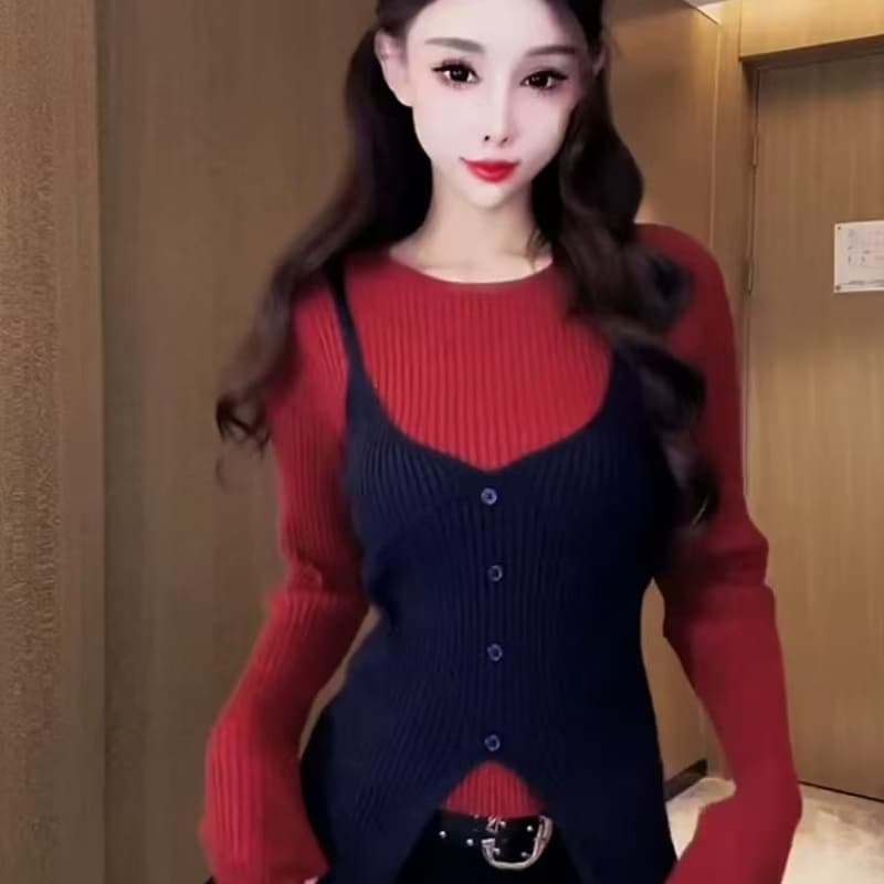 2026 봄 새로운 패션 라운드 넥 패치워크 외국 가스 털 니트 스웨터 여성 페이크 레이어드 몸매 가꾸기 슬림해 보이는 인사이드 잡아라. 의류 상세 이미지 5