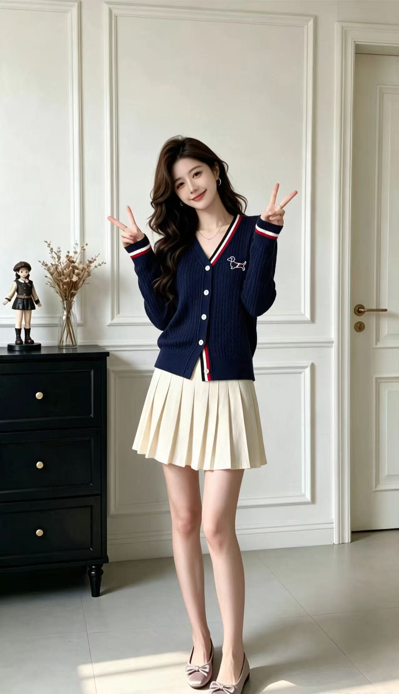 가을 새로운 V넥 반팔 오픈 가디건 여성 배색 스트라이프 슬림해 보이는 맨위 강아지 자수 학원 스타일 티셔츠 트렌디