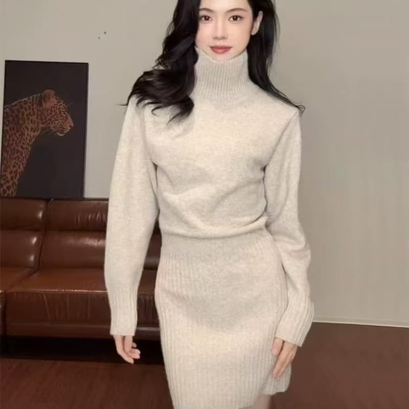 한국 스타일 터틀넥 긴팔 니트 여성 드레스 가을 겨울 허리 수축 슬림해 보이는 다용도 고급 센스 만나는 타이트 스커트 짧은 치마 상세 이미지 5