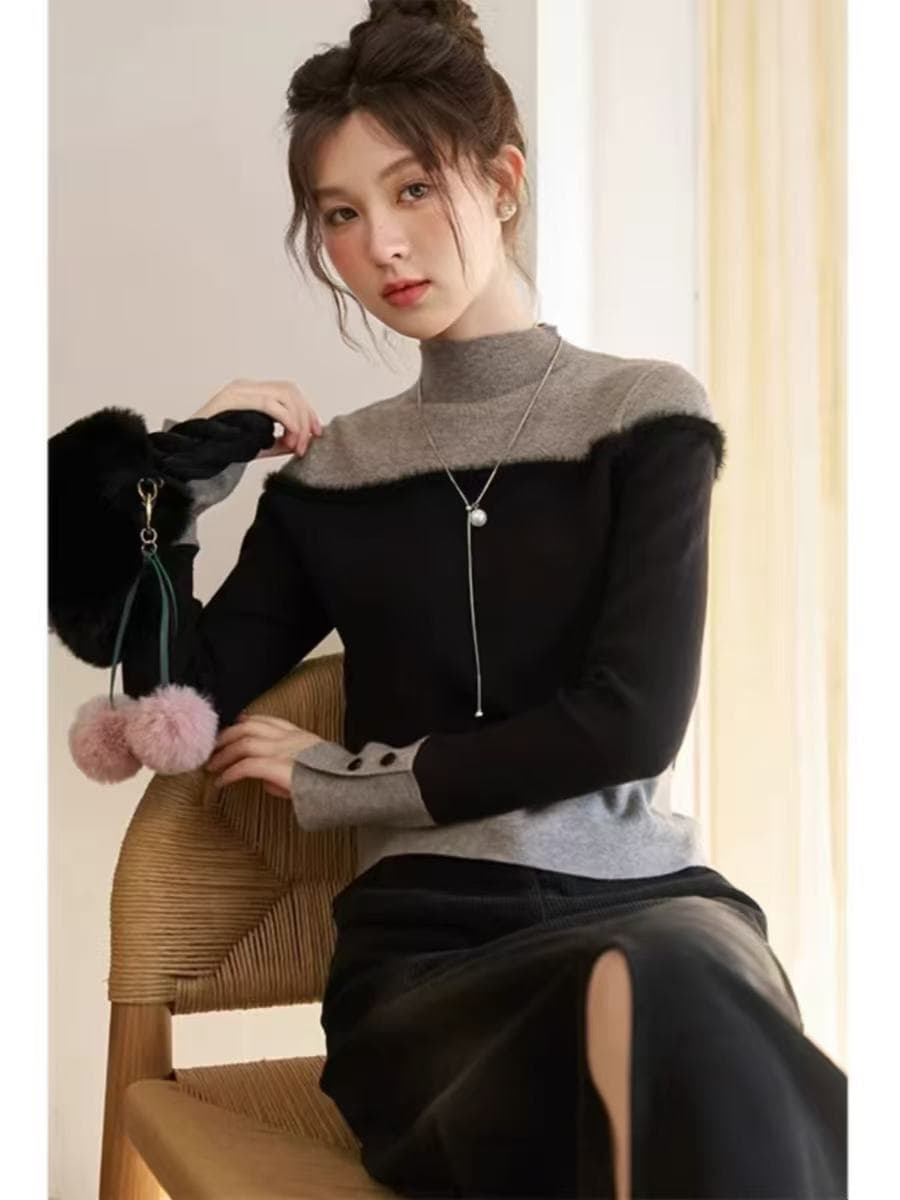 반하이넥 패치워크 배색 만나는 니트 스웨터 여성 2026 가을 겨울 새로운 슈퍼 잘 생긴 인사이드 가져 가라. 스웨터 중 칼라 맨위