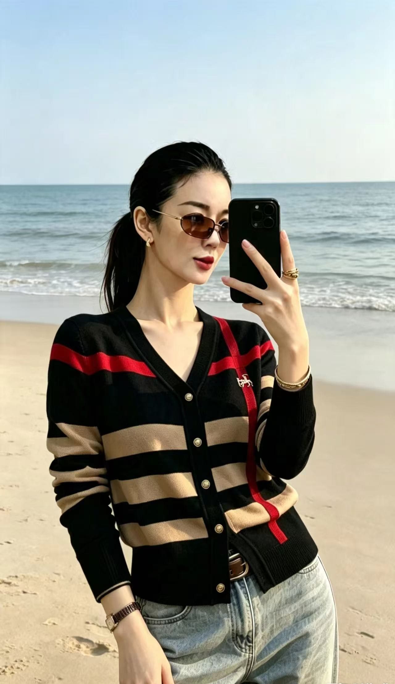 2026 가을 새로운 높은 품질 여성 양모 체크무늬 스트라이프 긴팔 슬림해 보이는 패션 폴로 칼라 맨위 상세 이미지 4
