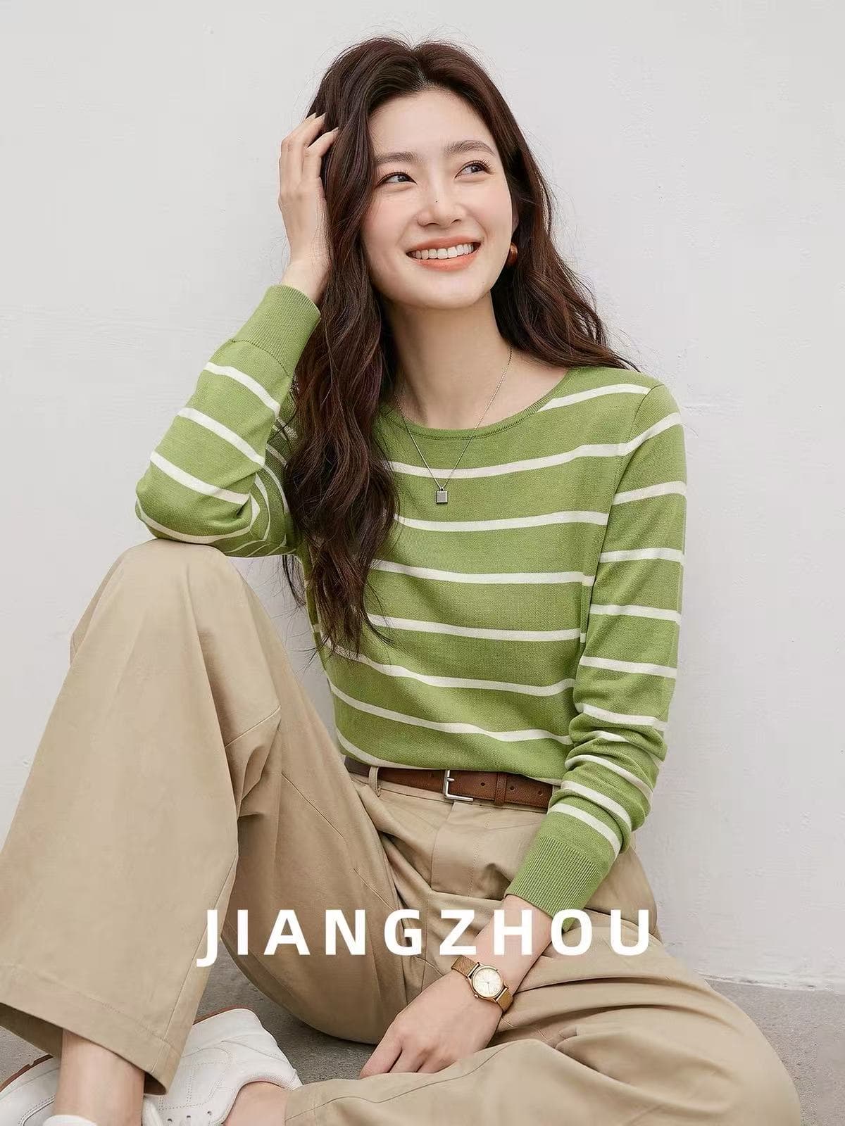 강 대륙 jiangz 가을 새로운 캐주얼 다용도 녹색 스트라이프 긴팔 니트 티셔츠 여성 배색 라운드 넥 맨위 이미지 4