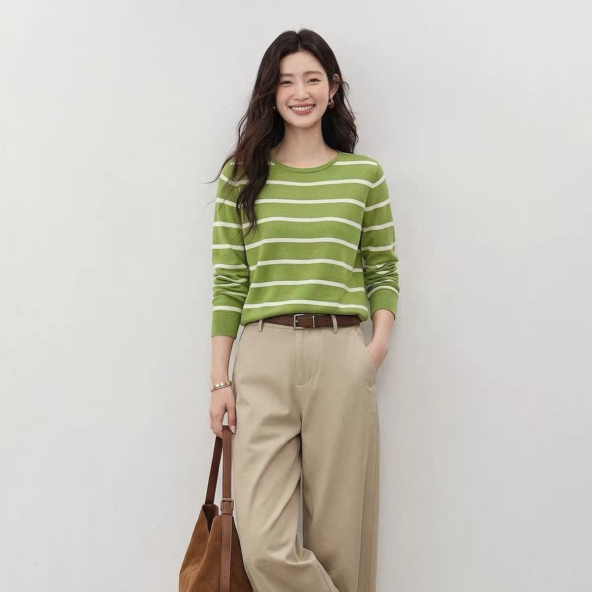 강 대륙 jiangz 가을 새로운 캐주얼 다용도 녹색 스트라이프 긴팔 니트 티셔츠 여성 배색 라운드 넥 맨위 이미지 5