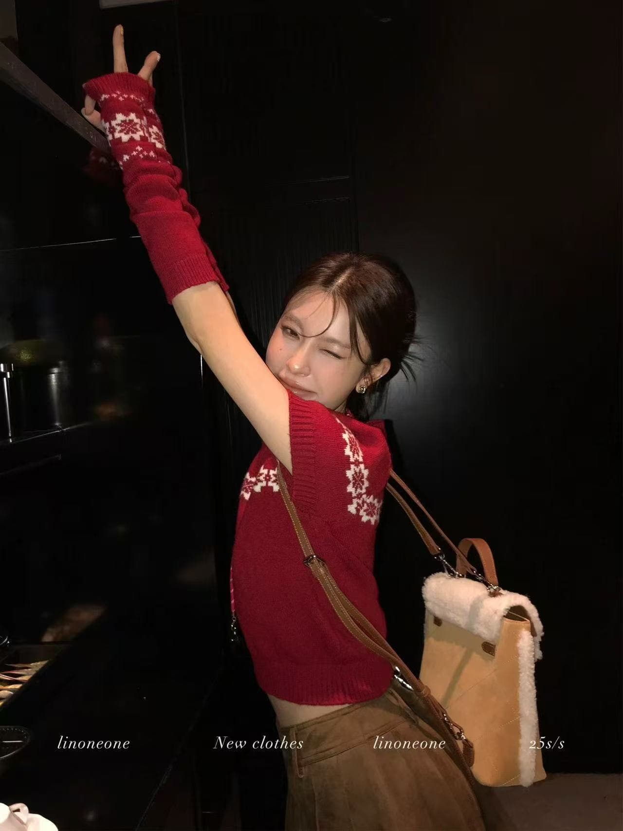 linoneone 달콤한 자매 주간 접시 크리스마스 공정한 섬 니트 스웨터 반팔 스웨터 레트로 자카드 소매 커버 상세 이미지 2