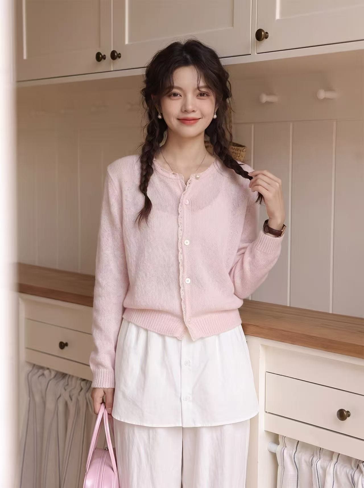 당겨서 둥지 자매 한 부서 파란색 긴팔 니트 오픈 가디건 여성 2026 이른 가을 새로운 레이스 레이스 연령 감소 작은 맨위 이미지 3