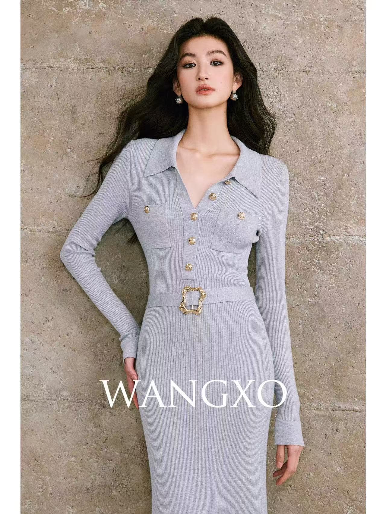 wangxo 섬세한 광택 실 높음 분화구 기사 니트 손 솔기 금속 버클 폴로 칼라 몸매 가꾸기 트임 드레스 이미지 4