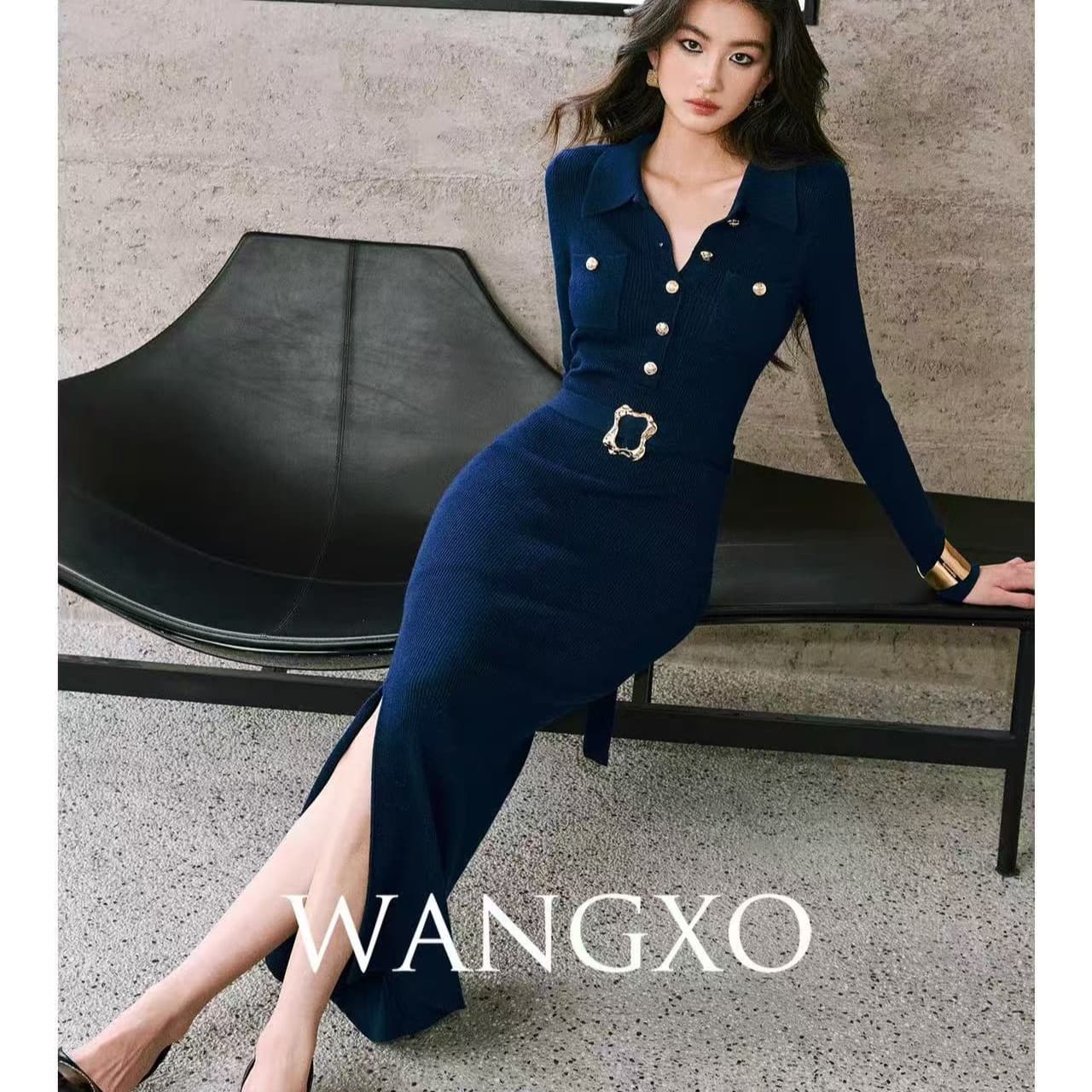 wangxo 섬세한 광택 실 높음 분화구 기사 니트 손 솔기 금속 버클 폴로 칼라 몸매 가꾸기 트임 드레스 이미지 5