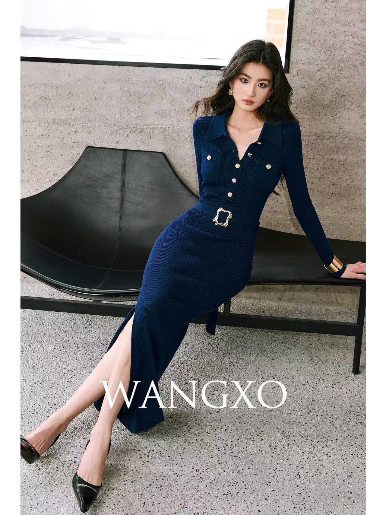 wangxo 섬세한 광택 실 높음 분화구 기사 니트 손 솔기 금속 버클 폴로 칼라 몸매 가꾸기 트임 드레스 상세 이미지 5