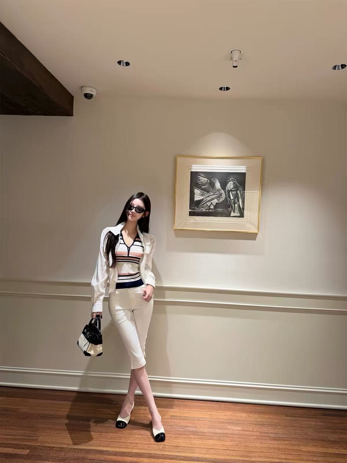 okmashop 오래된 돈 출퇴근 원단 단단한 실제로 질감 긍정적 인 어깨 중간 소매 배색 몸매 가꾸기 스트라이프 니트 스웨터 상세 이미지 3