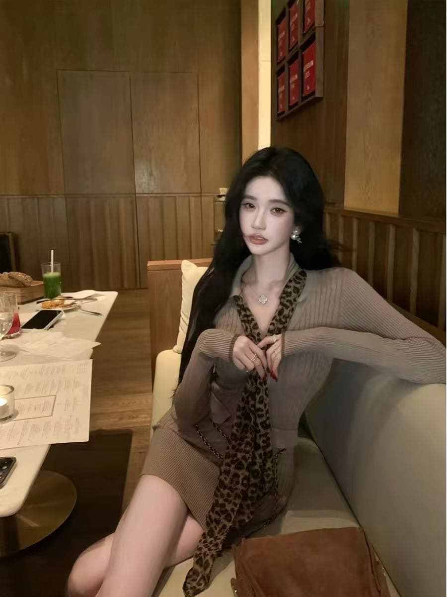 barb chill 레오파드 무늬 스카프 장식품 니트 여성 드레스 가을 몸매 가꾸기 신축성 허리 수축 타이트 스커트 이미지 2