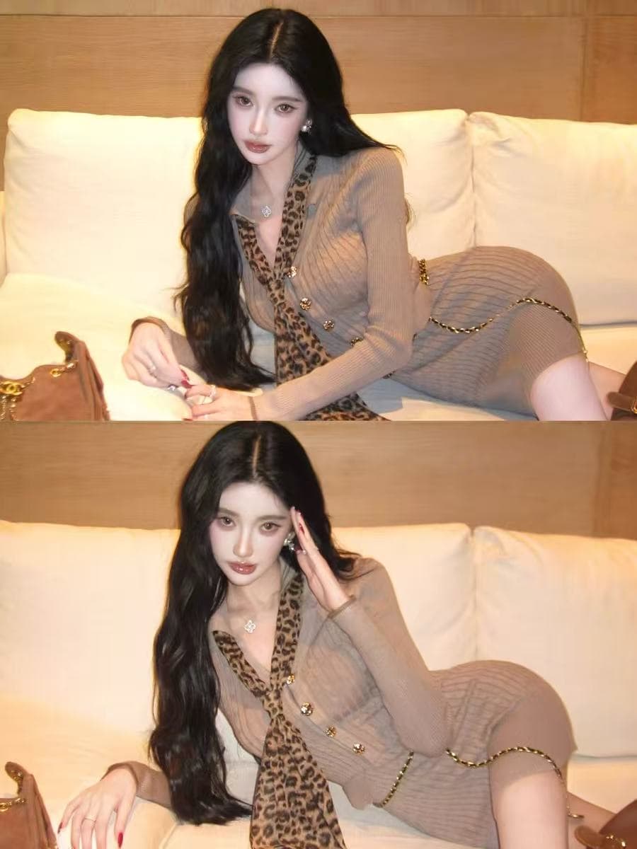 barb chill 레오파드 무늬 스카프 장식품 니트 여성 드레스 가을 몸매 가꾸기 신축성 허리 수축 타이트 스커트 이미지 3