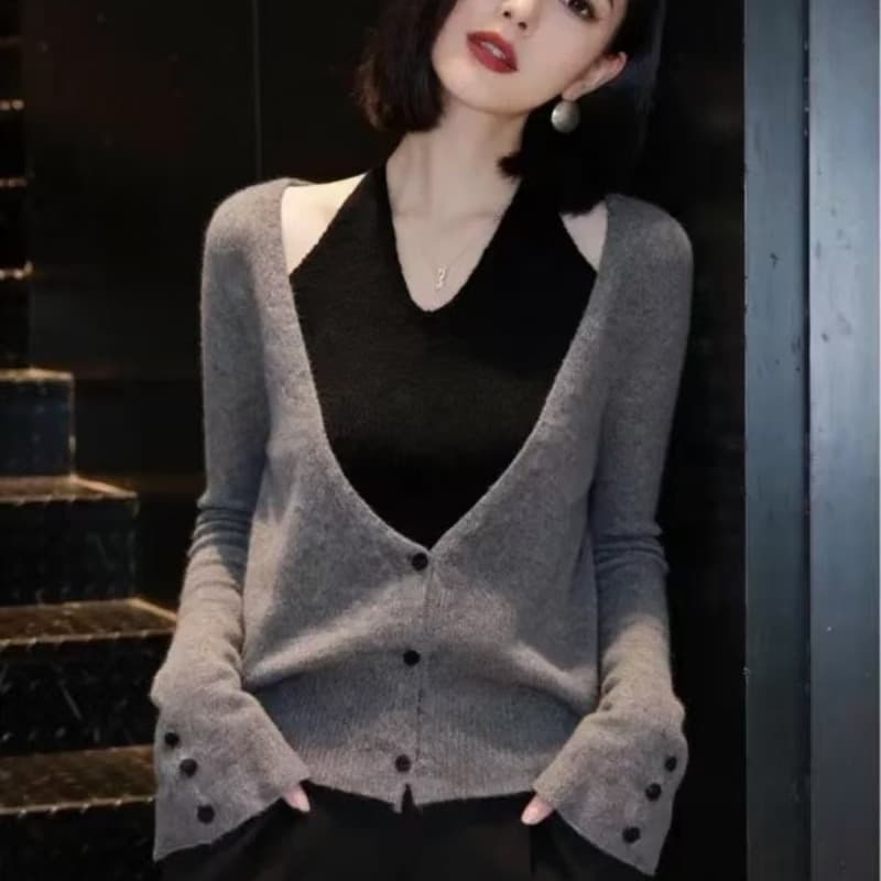 고급 센스 자이언트 잘 생긴 작은 대중 아니요 명중 섹션 회색 맨위 겨울 프랑스식 디자인 센스 페이크 레이어드 행침 목 니트 스웨터 이미지 5