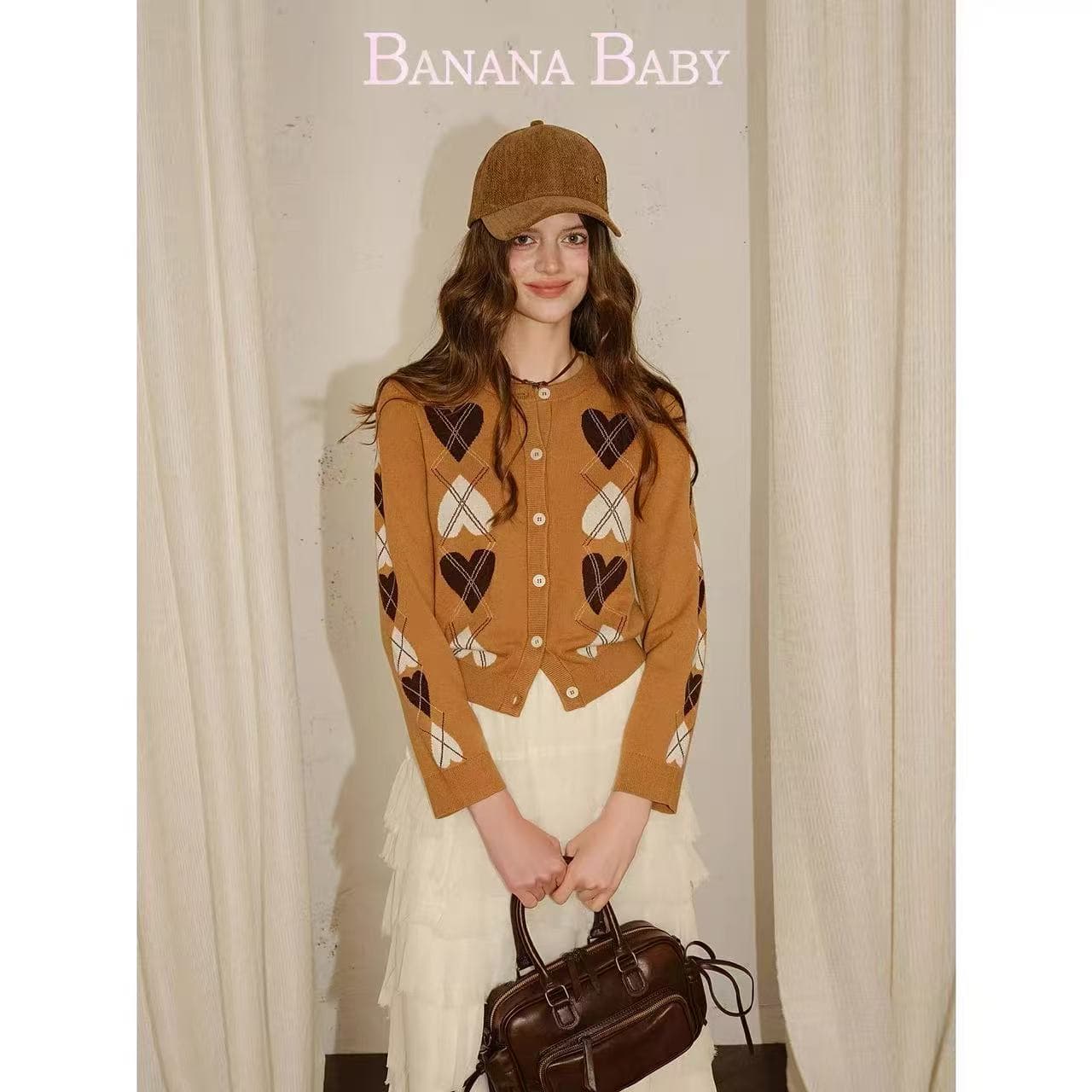 링 심장 코코아 banana baby2026 년 가을 새로운 레트로 학원 스타일 자카드 니트 오픈 가디건 여성 이미지 4
