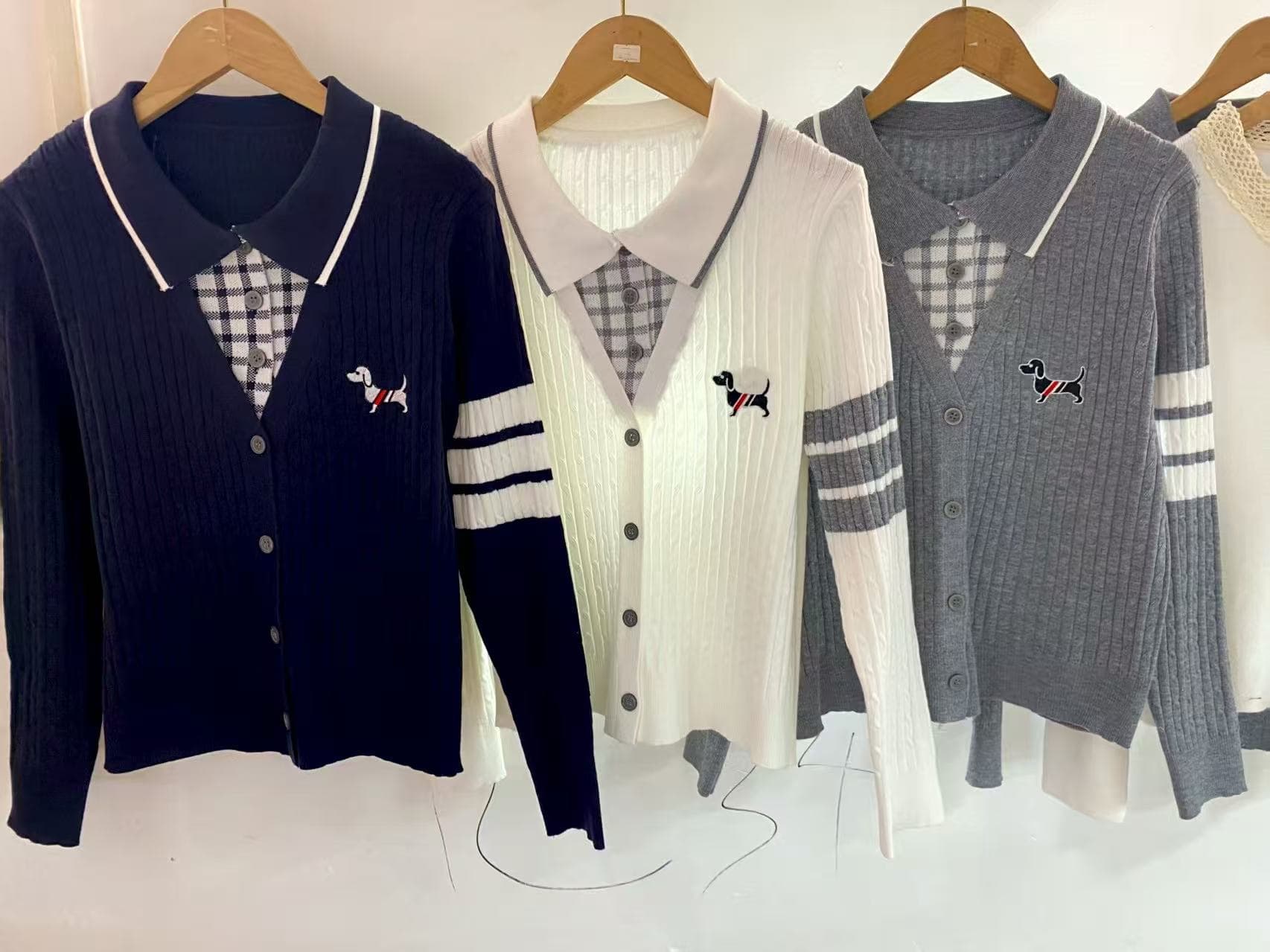 yimisun 페이크 레이어드 폴로 칼라 강아지 자수 꽈배기 니트 오픈 가디건 긴팔 학원 스타일 연령 감소 몸매 가꾸기 재킷 상세 이미지 5