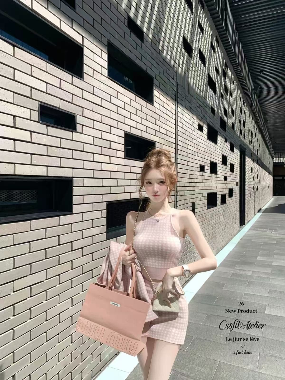 늦게 우산 우산 26 ss 바다 소금 향기로운 노래 주간 실크 양 털이 푸른 그리드 분말 그리드 오픈 가디건 조끼 반 스커트 3종 세트 그룹 상세 이미지 2